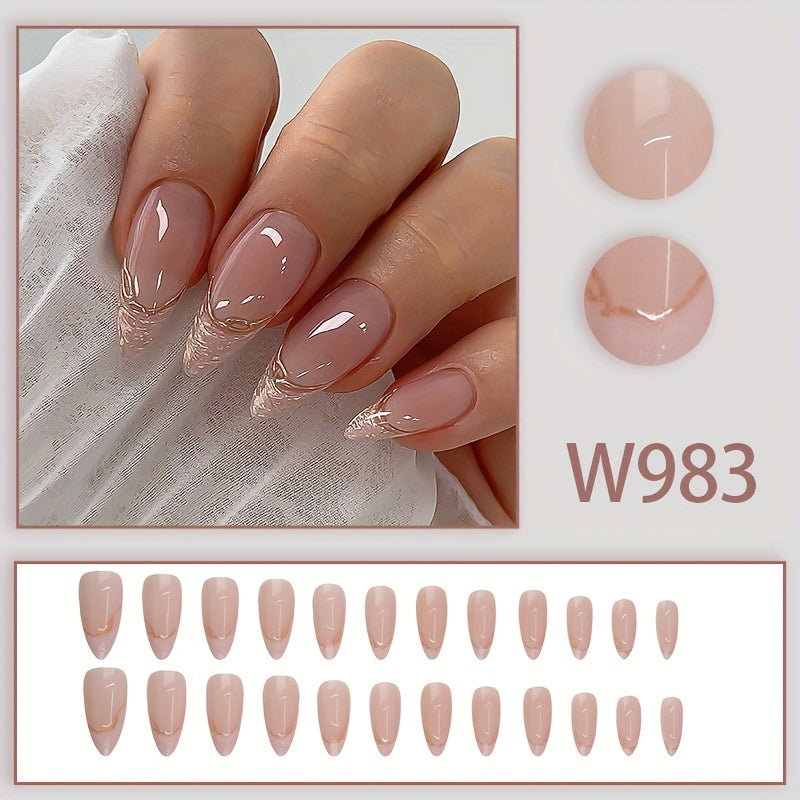 Glossy Almond Nude Tone with French Glitter and Golden Accents Nails